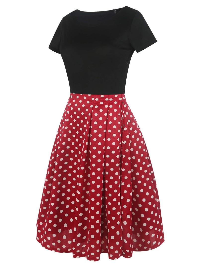 oxiuly Women's Vintage Dresses Patchwork Pockets Puffy Swing Casual Party Dress OX165 (BK-Red dot, x_l) - Image 4